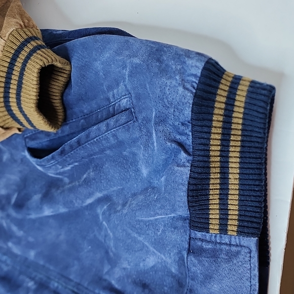 PORT AUTHORITY VINTAGE SUADE BOMBER LEATHER JACKET, LARGE, BLUE AND BROWN - Picture 9 of 10